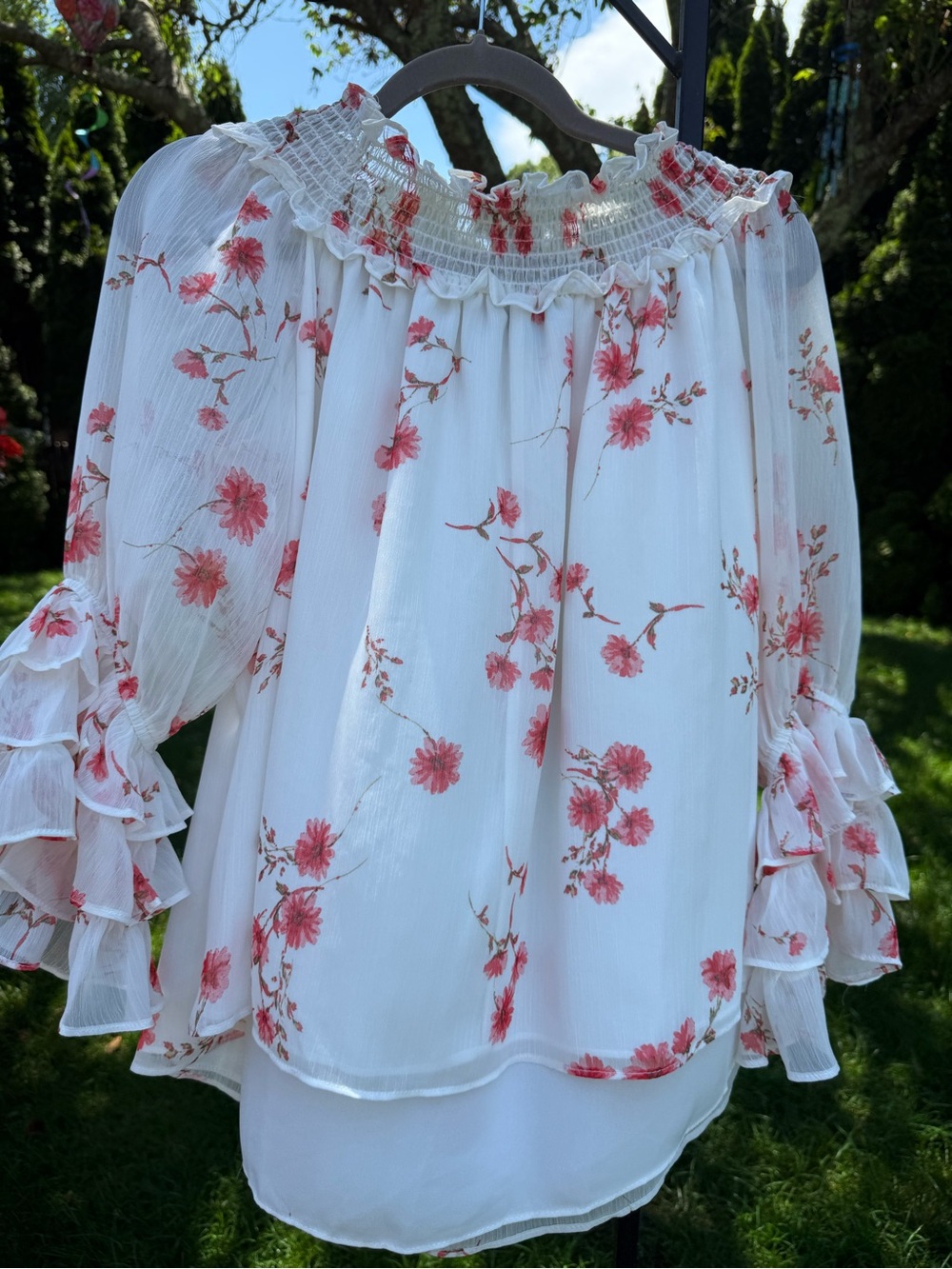 CeCe White Blouse with Coral Floral Print and Ruffle Smocked Neckline - Picture 3 of 8
